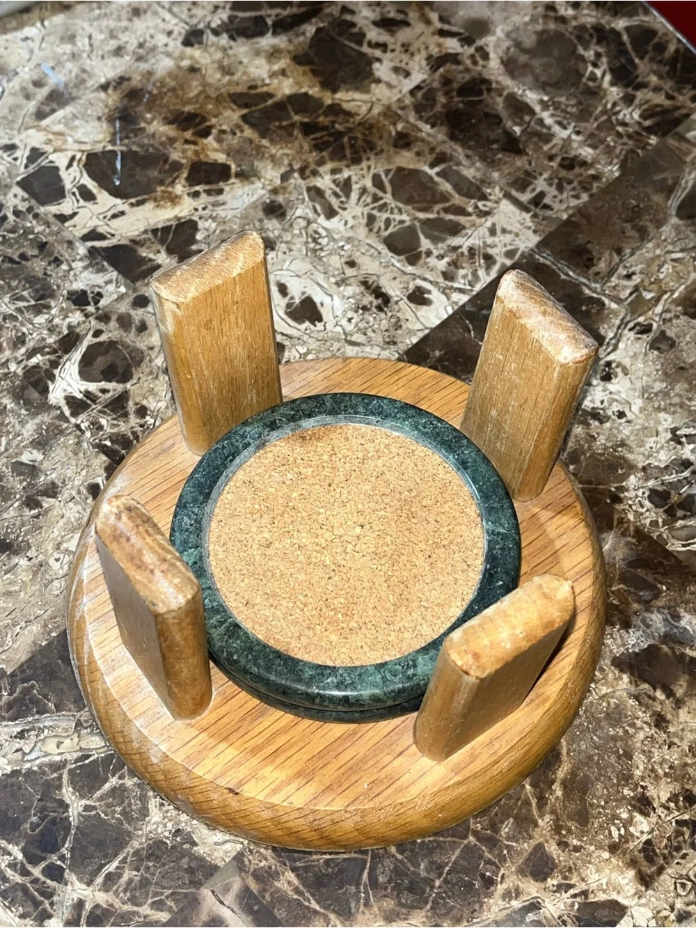 Vtg Himark Green Marble Cork Coaster Set Wood Holder Taiwan Replacement Pc 2
